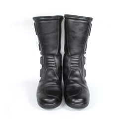 Sidi All-Season black leather motorcycle boots, size 42 — touring boots made in cooperation with Hein Gericke, featuring Sympatex waterproof membrane, reinforced toe, heel, and ankle protection, and good condition with minor wear marks.