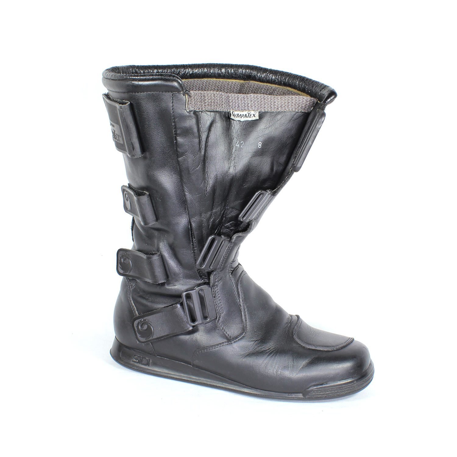 Sidi All-Season black leather motorcycle boots, size 42 — touring boots made in cooperation with Hein Gericke, featuring Sympatex waterproof membrane, reinforced toe, heel, and ankle protection, and good condition with minor wear marks.
