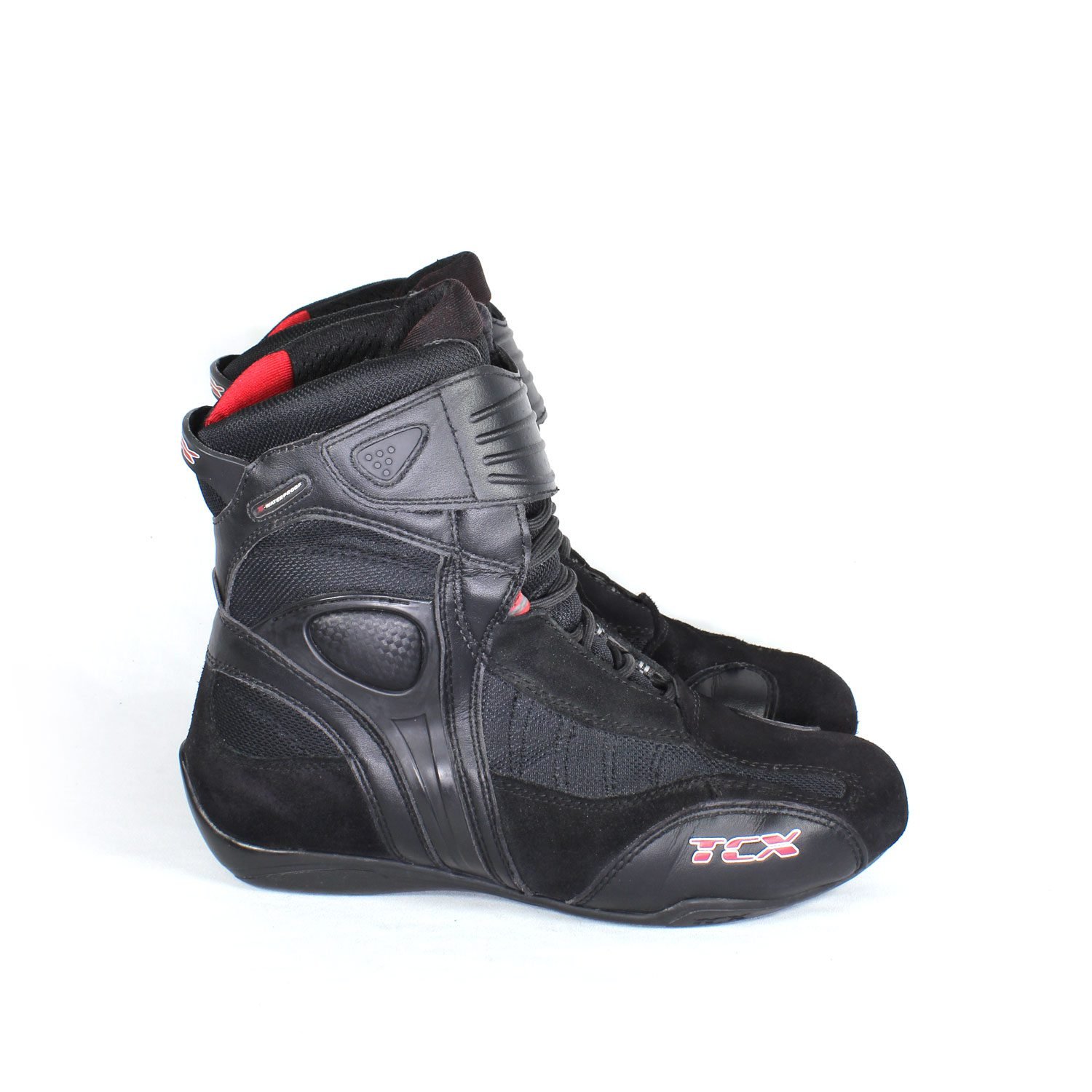 TCX X-Cube WR black leather motorcycle boots, size 39 — mid-height street and casual boots with Gore-Tex waterproof membrane, reinforced toe, ankle, and heel protection, flexible thin sole, and very good condition with minor wear marks.