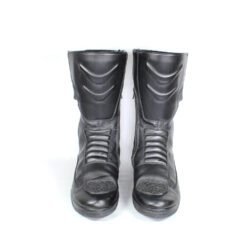 Side view of black UVEX Laguna Seca motorcycle boots in size 45. The boots are constructed from leather and synthetic materials, showing a reinforced toe box, shin protector, and ankle armor on the outer sides.