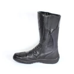 Side view of black UVEX Laguna Seca motorcycle boots in size 45. The boots are constructed from leather and synthetic materials, showing a reinforced toe box, shin protector, and ankle armor on the outer sides.