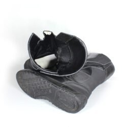 Side view of black UVEX Laguna Seca motorcycle boots in size 45. The boots are constructed from leather and synthetic materials, showing a reinforced toe box, shin protector, and ankle armor on the outer sides.