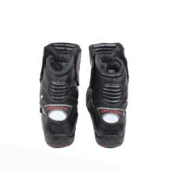 Side view of black Vanucci VTB4 short motorcycle boots in size 44. The boots are made of nappa leather with a low shaft, two velcro straps for closure, textured carbon fiber panels on the sides, and a 3M Scotchlite reflector on the heel.