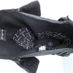 A pair of black Vanucci VTB touring boots in size 44, made of nappa leather. They feature a SympaTex membrane, two side zippers, a tall shaft, and protection including a wide shin guard, carbon side inserts, and reinforced ankles, toes, and heel. The boots show wear marks and the rear reflectors have lost their reflectivity.