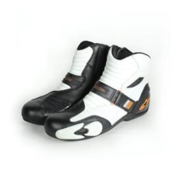 A pair of black and white Alpinestars S-MX 1.1 KTM Powerwear boots, size 44, in like-new condition. Features lightweight leather construction, accordion flex zones for walking, TPU ankle sliders, a grippy sole, and protection for the toes, heel, and shift area.