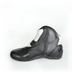 A pair of black and white Alpinestars S-MX 1.1 KTM Powerwear boots, size 44, in like-new condition. Features lightweight leather construction, accordion flex zones for walking, TPU ankle sliders, a grippy sole, and protection for the toes, heel, and shift area.