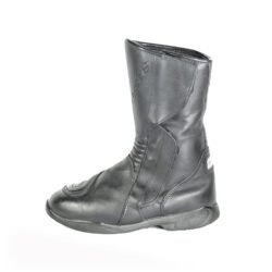 A pair of black Alpinestars high-quality leather motorcycle boots, size 38, in good condition. Made of cowhide leather with a Gore-Tex membrane, featuring reinforced protection for the toes, heel, shin, ankles, and sole. Shows typical leather wear and a minor flaw on one reflective stripe.