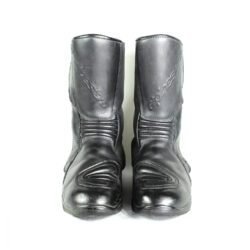 A pair of black Alpinestars high-quality leather motorcycle boots, size 38, in good condition. Made of cowhide leather with a Gore-Tex membrane, featuring reinforced protection for the toes, heel, shin, ankles, and sole. Shows typical leather wear and a minor flaw on one reflective stripe.