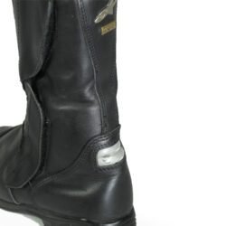 A pair of black Alpinestars high-quality leather motorcycle boots, size 38, in good condition. Made of cowhide leather with a Gore-Tex membrane, featuring reinforced protection for the toes, heel, shin, ankles, and sole. Shows typical leather wear and a minor flaw on one reflective stripe.