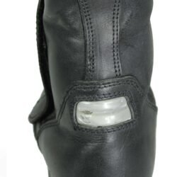 A pair of black Alpinestars high-quality leather motorcycle boots, size 38, in good condition. Made of cowhide leather with a Gore-Tex membrane, featuring reinforced protection for the toes, heel, shin, ankles, and sole. Shows typical leather wear and a minor flaw on one reflective stripe.