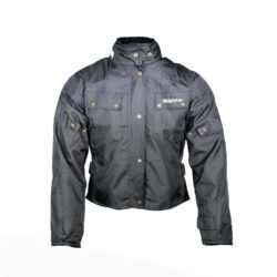 A black women's textile motorcycle jacket, size M, in very good condition. Features include multiple adjustment straps, pockets for armor, a hidden hood in the collar, and a reflective neck band for visibility. Styled for casual street wear.