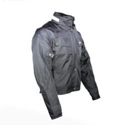 A black women's textile motorcycle jacket, size M, in very good condition. Features include multiple adjustment straps, pockets for armor, a hidden hood in the collar, and a reflective neck band for visibility. Styled for casual street wear.