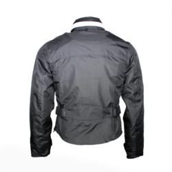 A black women's textile motorcycle jacket, size M, in very good condition. Features include multiple adjustment straps, pockets for armor, a hidden hood in the collar, and a reflective neck band for visibility. Styled for casual street wear.