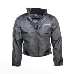 A black women's textile motorcycle jacket, size M, in very good condition. Features include multiple adjustment straps, pockets for armor, a hidden hood in the collar, and a reflective neck band for visibility. Styled for casual street wear.