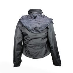 A black women's textile motorcycle jacket, size M, in very good condition. Features include multiple adjustment straps, pockets for armor, a hidden hood in the collar, and a reflective neck band for visibility. Styled for casual street wear.