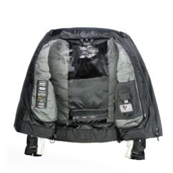 A black and grey Sycle-Spirit women's touring and adventure motorcycle jacket, size 34, in like-new condition. Features adjustable straps, reflective piping for safety, a Drygate waterproof membrane, and internal pockets for shoulder, elbow, and back armor