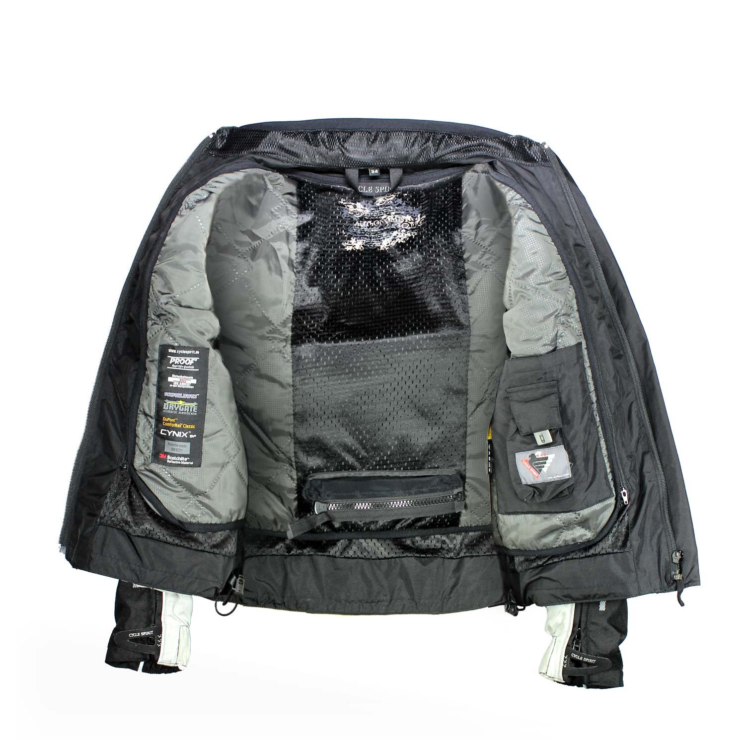 A black and grey Sycle-Spirit women's touring and adventure motorcycle jacket, size 34, in like-new condition. Features adjustable straps, reflective piping for safety, a Drygate waterproof membrane, and internal pockets for shoulder, elbow, and back armor