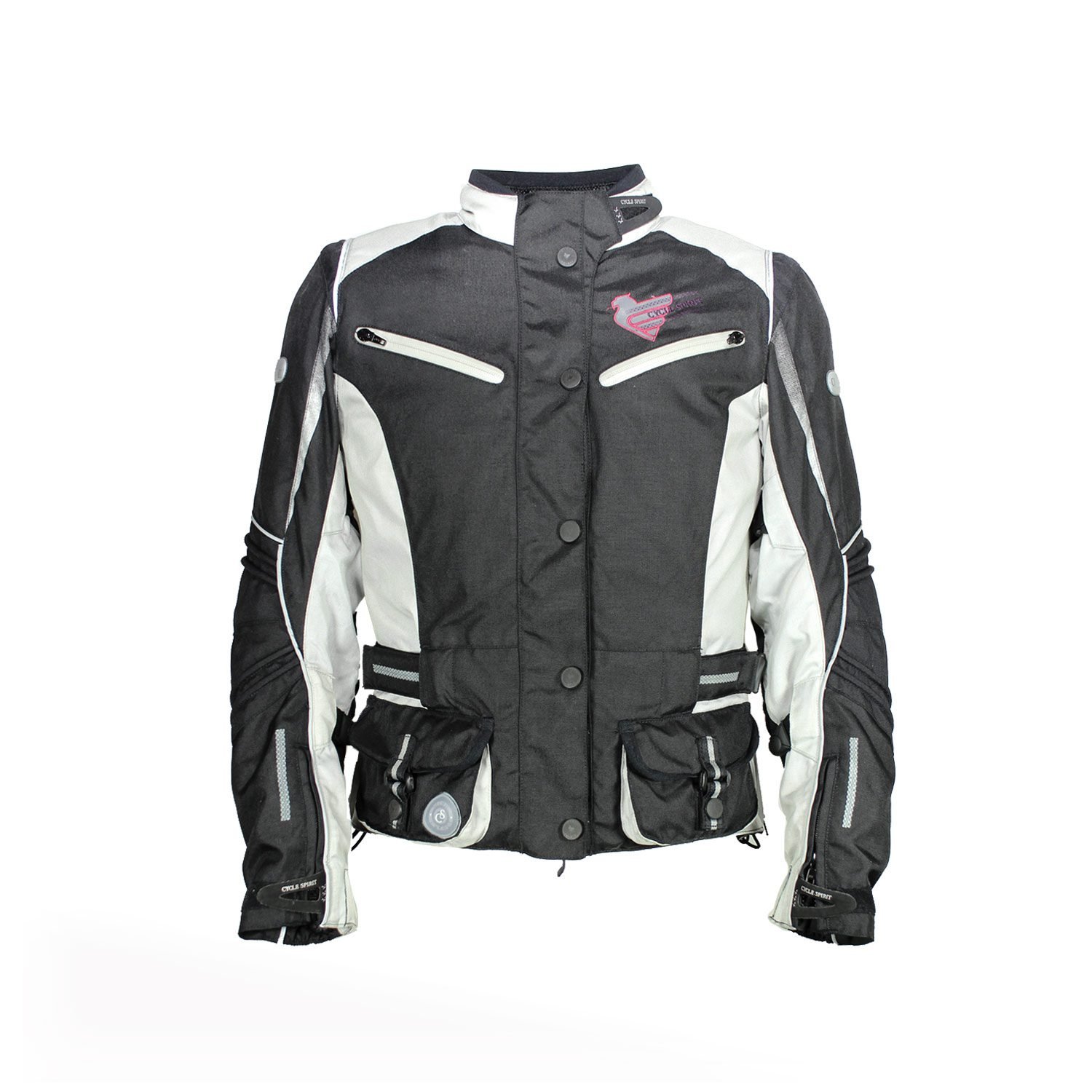 A black and grey Sycle-Spirit women's touring and adventure motorcycle jacket, size 34, in like-new condition. Features adjustable straps, reflective piping for safety, a Drygate waterproof membrane, and internal pockets for shoulder, elbow, and back armor