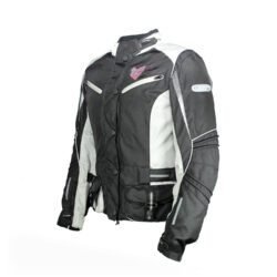A black and grey Sycle-Spirit women's touring and adventure motorcycle jacket, size 34, in like-new condition. Features adjustable straps, reflective piping for safety, a Drygate waterproof membrane, and internal pockets for shoulder, elbow, and back armor