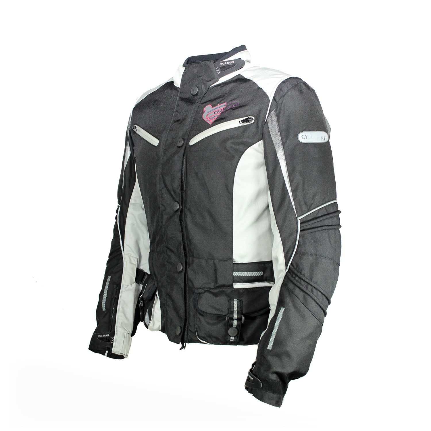 A black and grey Sycle-Spirit women's touring and adventure motorcycle jacket, size 34, in like-new condition. Features adjustable straps, reflective piping for safety, a Drygate waterproof membrane, and internal pockets for shoulder, elbow, and back armor