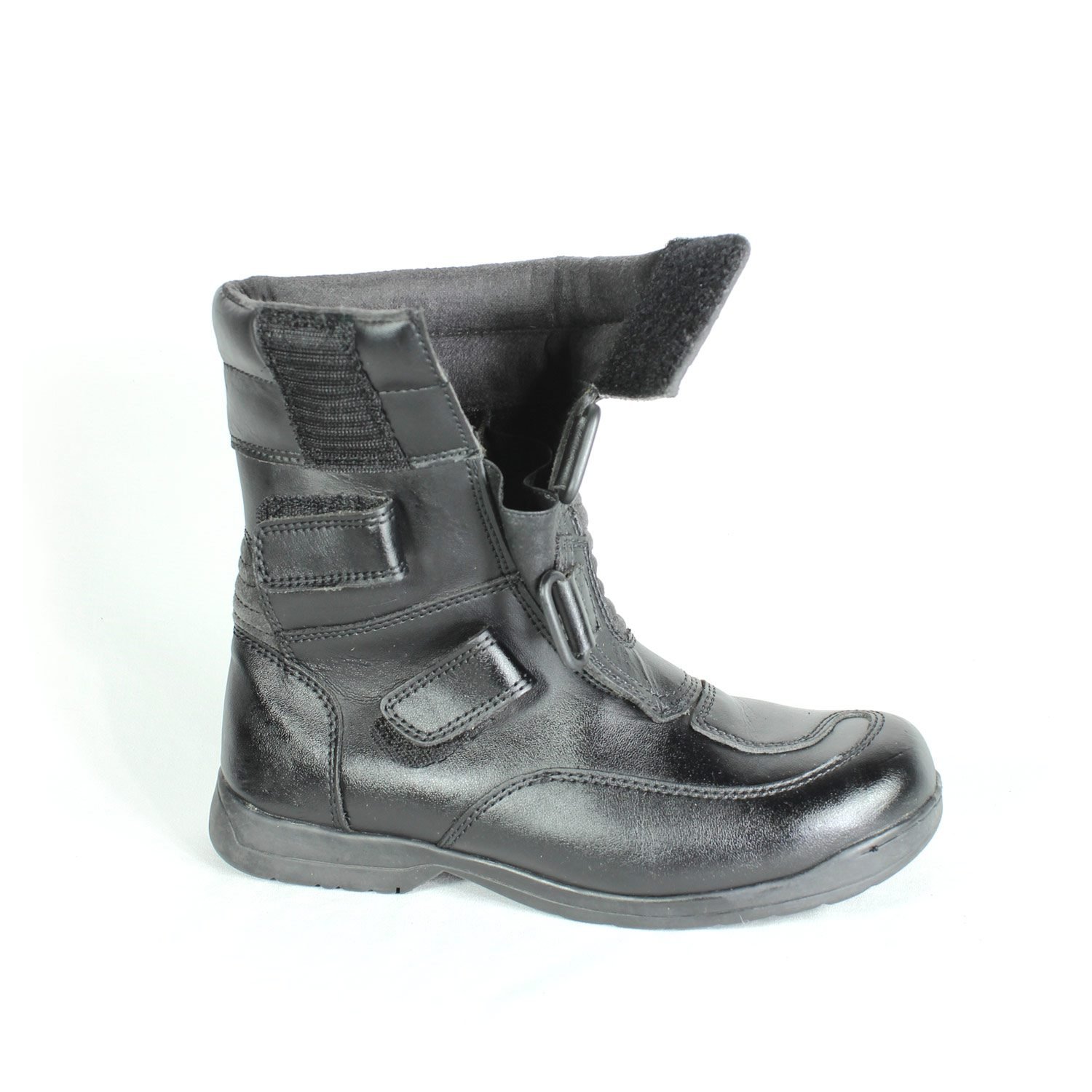 A pair of black synthetic leather motorcycle boots, size 37, in fair condition. Features typical touring and street styling with protection for the toes, heel, shin, and sole. Shows signs of aging, including cracks and wrinkles on the PU-leather.
