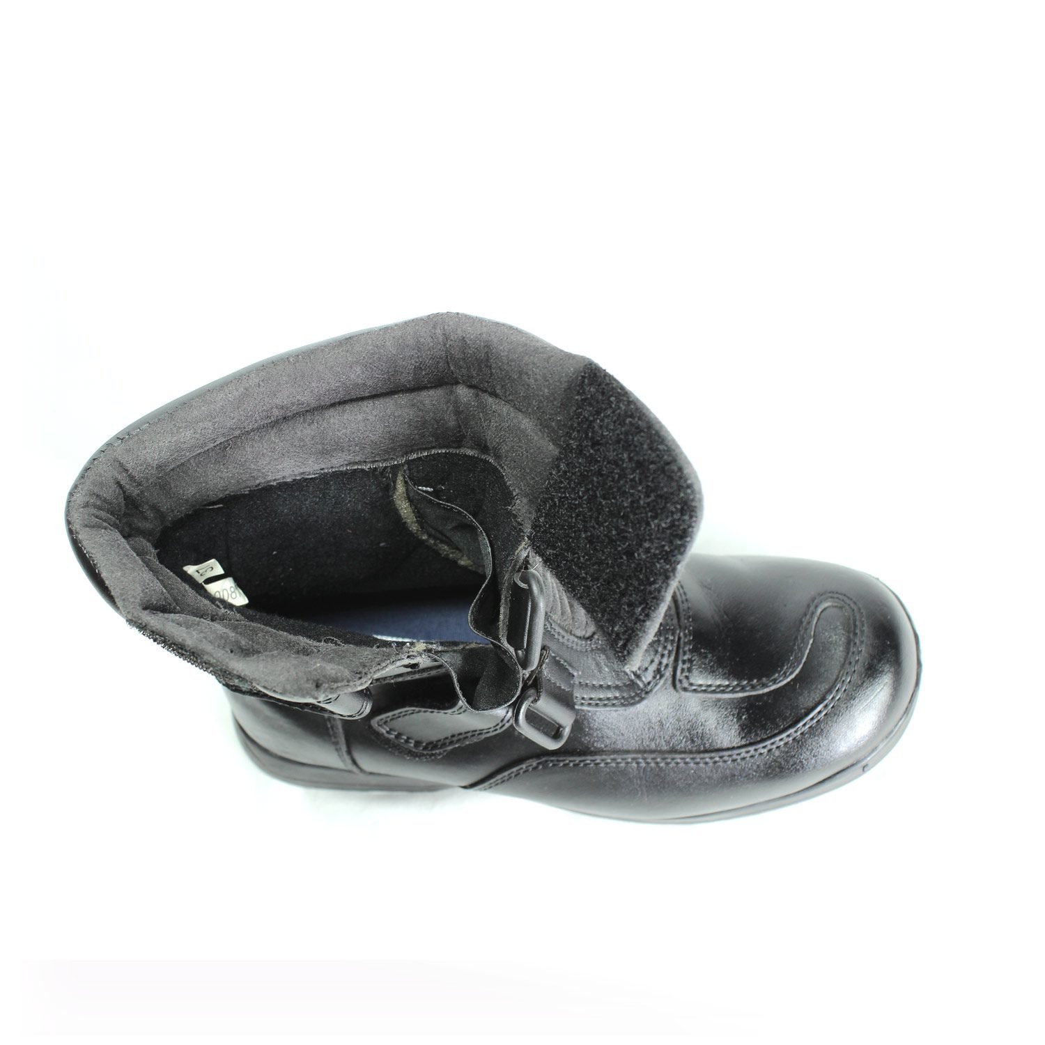 A pair of black synthetic leather motorcycle boots, size 37, in fair condition. Features typical touring and street styling with protection for the toes, heel, shin, and sole. Shows signs of aging, including cracks and wrinkles on the PU-leather.