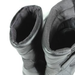 A pair of black synthetic leather motorcycle boots, size 37, in fair condition. Features typical touring and street styling with protection for the toes, heel, shin, and sole. Shows signs of aging, including cracks and wrinkles on the PU-leather.