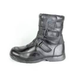 A pair of black synthetic leather motorcycle boots, size 37, in fair condition. Features typical touring and street styling with protection for the toes, heel, shin, and sole. Shows signs of aging, including cracks and wrinkles on the PU-leather.