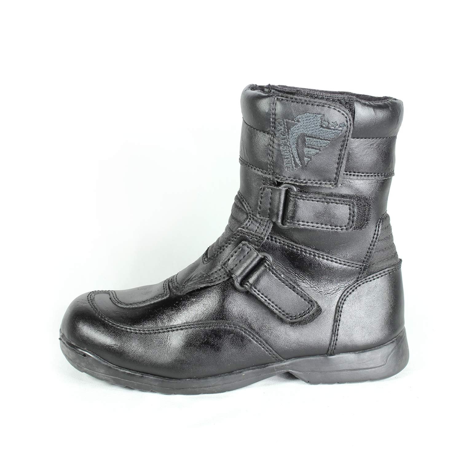 A pair of black synthetic leather motorcycle boots, size 37, in fair condition. Features typical touring and street styling with protection for the toes, heel, shin, and sole. Shows signs of aging, including cracks and wrinkles on the PU-leather.