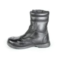 A pair of black synthetic leather motorcycle boots, size 37, in fair condition. Features typical touring and street styling with protection for the toes, heel, shin, and sole. Shows signs of aging, including cracks and wrinkles on the PU-leather.