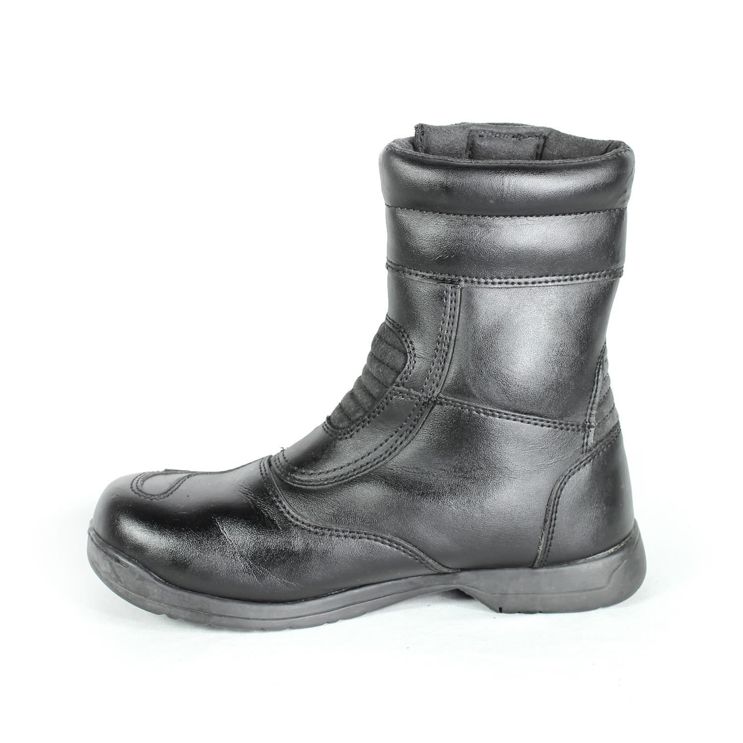 A pair of black synthetic leather motorcycle boots, size 37, in fair condition. Features typical touring and street styling with protection for the toes, heel, shin, and sole. Shows signs of aging, including cracks and wrinkles on the PU-leather.