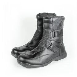 A pair of black synthetic leather motorcycle boots, size 37, in fair condition. Features typical touring and street styling with protection for the toes, heel, shin, and sole. Shows signs of aging, including cracks and wrinkles on the PU-leather.