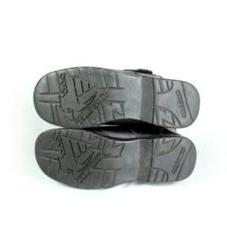 A pair of black synthetic leather motorcycle boots, size 37, in fair condition. Features typical touring and street styling with protection for the toes, heel, shin, and sole. Shows signs of aging, including cracks and wrinkles on the PU-leather.