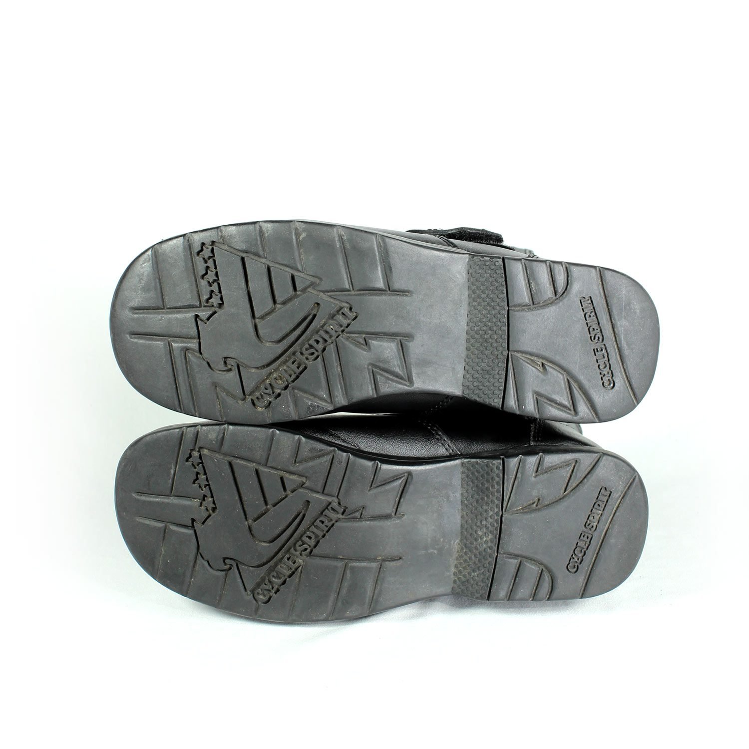 A pair of black synthetic leather motorcycle boots, size 37, in fair condition. Features typical touring and street styling with protection for the toes, heel, shin, and sole. Shows signs of aging, including cracks and wrinkles on the PU-leather.