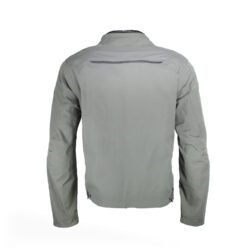 A grey Dainese waterproof textile motorcycle jacket, size 54, in very good condition. Features CE-rated shoulder and elbow armor, D-Dry membrane, high ventilation mesh, and a street or city style.