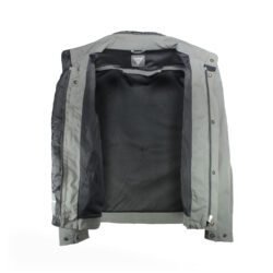 A grey Dainese waterproof textile motorcycle jacket, size 54, in very good condition. Features CE-rated shoulder and elbow armor, D-Dry membrane, high ventilation mesh, and a street or city style.