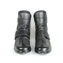 A pair of black Daytona Shorty perforated leather motorcycle boots, size 43, in very good condition. Features full-grain cowhide construction, ankle protectors, a non-slip sole, and a climate insole for warm-weather riding. Shows minor wear, including a small spot on the side.