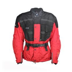 A black and red Hein Gericke all-season touring and adventure motorcycle jacket, size XL, in like-new condition. Features durable Cordura fabric, a waterproof ShelTex membrane, CE armor at elbows, shoulders, and back, multiple adjustments, and reflective panels for visibility.