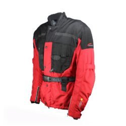 A black and red Hein Gericke all-season touring and adventure motorcycle jacket, size XL, in like-new condition. Features durable Cordura fabric, a waterproof ShelTex membrane, CE armor at elbows, shoulders, and back, multiple adjustments, and reflective panels for visibility.