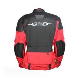 A black and red Hein Gericke all-season touring and adventure motorcycle jacket, size XL, in like-new condition. Features durable Cordura fabric, a waterproof ShelTex membrane, CE armor at elbows, shoulders, and back, multiple adjustments, and reflective panels for visibility.