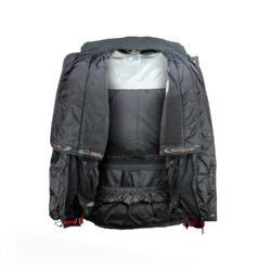 A black and red Hein Gericke all-season touring and adventure motorcycle jacket, size XL, in like-new condition. Features durable Cordura fabric, a waterproof ShelTex membrane, CE armor at elbows, shoulders, and back, multiple adjustments, and reflective panels for visibility.