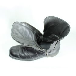 A pair of black Hugo Boss high-quality leather boots, size 47, in good condition. Features a classic, rugged cruiser-style look suitable for motorcycle riding. Made from durable leather with typical minor wear marks and wrinkles.