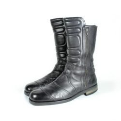 A pair of black Hugo Boss high-quality leather boots, size 47, in good condition. Features a classic, rugged cruiser-style look suitable for motorcycle riding. Made from durable leather with typical minor wear marks and wrinkles.