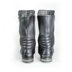 A pair of black Hugo Boss high-quality leather boots, size 47, in good condition. Features a classic, rugged cruiser-style look suitable for motorcycle riding. Made from durable leather with typical minor wear marks and wrinkles.