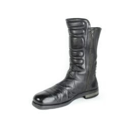 A pair of black Hugo Boss high-quality leather boots, size 47, in good condition. Features a classic, rugged cruiser-style look suitable for motorcycle riding. Made from durable leather with typical minor wear marks and wrinkles.