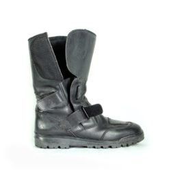 A pair of black Louis street riding boots, size 40/41, in good condition. Made of durable leather with essential impact protection for the toes, heel, and around the gear and brake levers. Shows typical leather wrinkles and some wear marks.