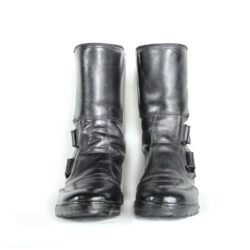 A pair of black Louis street riding boots, size 40/41, in good condition. Made of durable leather with essential impact protection for the toes, heel, and around the gear and brake levers. Shows typical leather wrinkles and some wear marks.