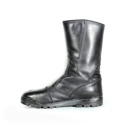 A pair of black Louis street riding boots, size 40/41, in good condition. Made of durable leather with essential impact protection for the toes, heel, and around the gear and brake levers. Shows typical leather wrinkles and some wear marks.