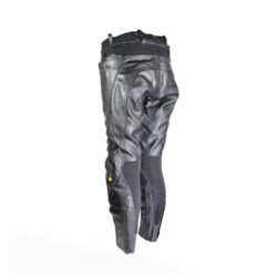 A black leather motorcycle jacket in size 54 (waist 92 cm) in very good condition. Features a café-racer style with integrated knee protection and minor wear marks. Designed for street wear.