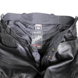 A black leather motorcycle jacket in size 54 (waist 92 cm) in very good condition. Features a café-racer style with integrated knee protection and minor wear marks. Designed for street wear.